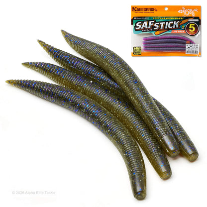 Close-up of multiple green pumpkin soft plastic ribbed stick baits with black and blue flake and it's orange packaging on a white background.
