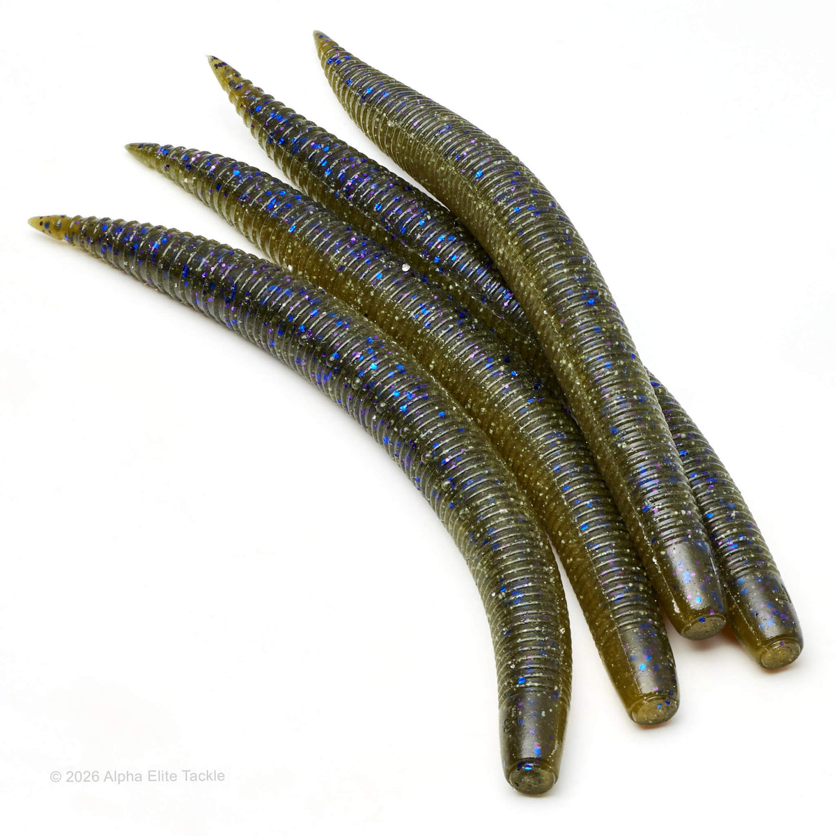 Close-up of multiple olive green soft plastic ribbed stick baits with black and blue flake on a white background.
