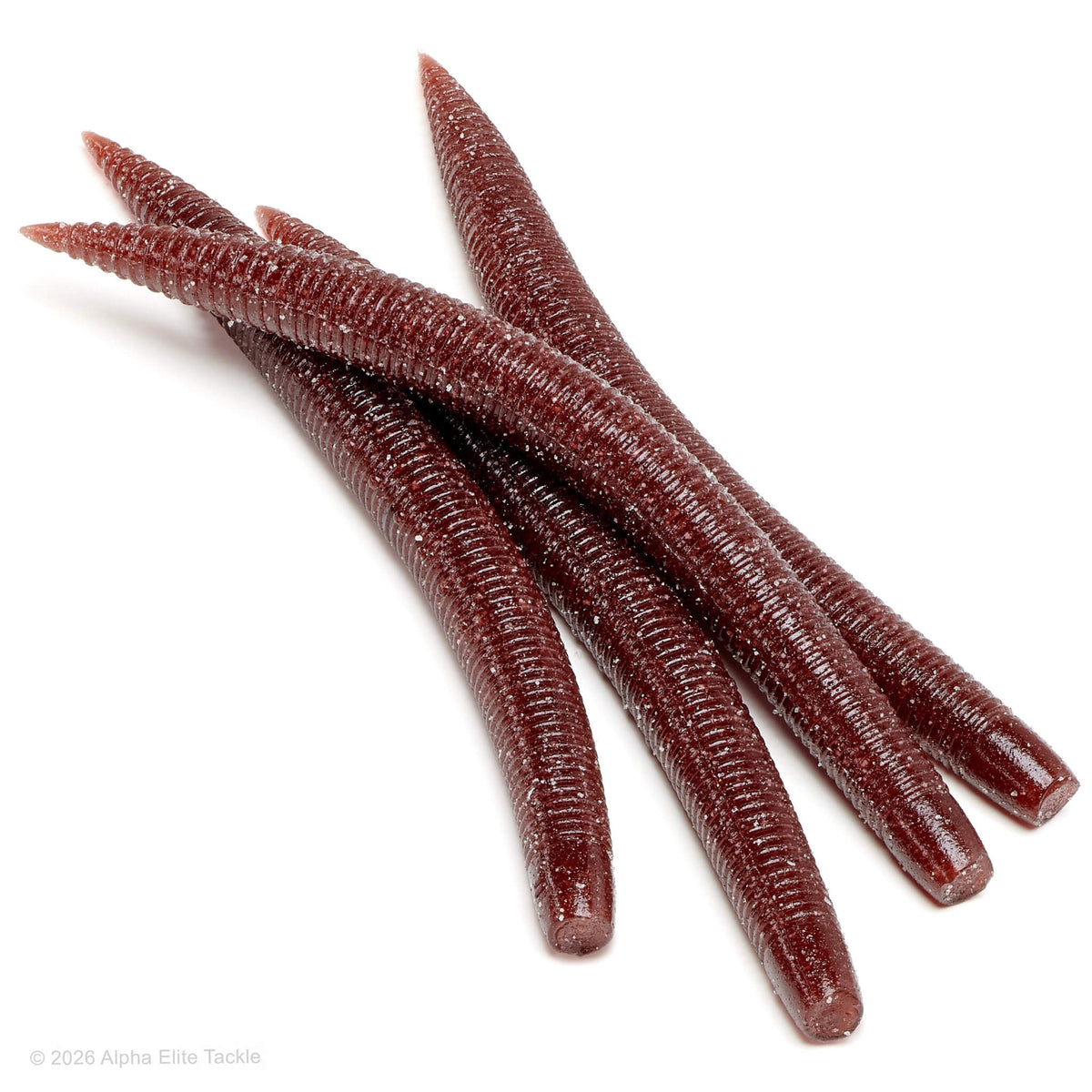 Close-up of multiple reddish-brown soft plastic ribbed stick baits on a white background.

