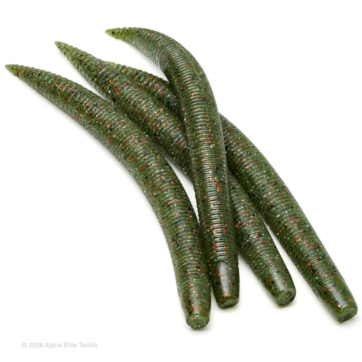 Close-up of multiple green pumpkin soft plastic ribbed stick baits with black and red flake on a white background.
