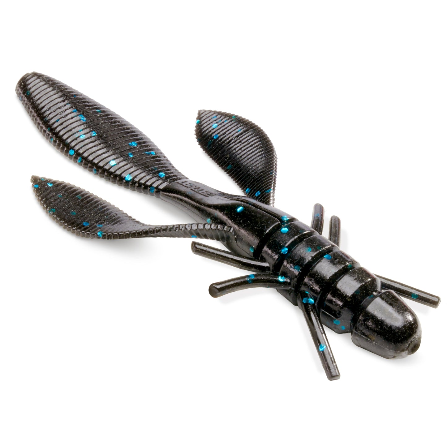 Close Up of the soft plastic Getnet Cultiva Juster Hog creature bait in the color Black Blue Flake on a white background.