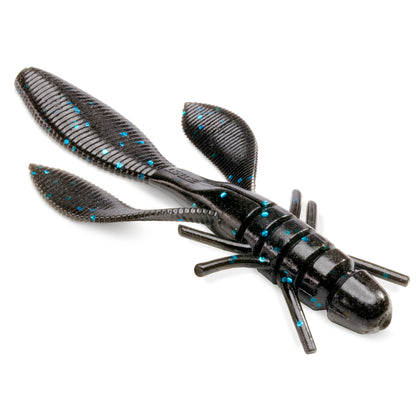 Close Up of the soft plastic Getnet Cultiva Juster Hog creature bait in the color Black Blue Flake on a white background.
