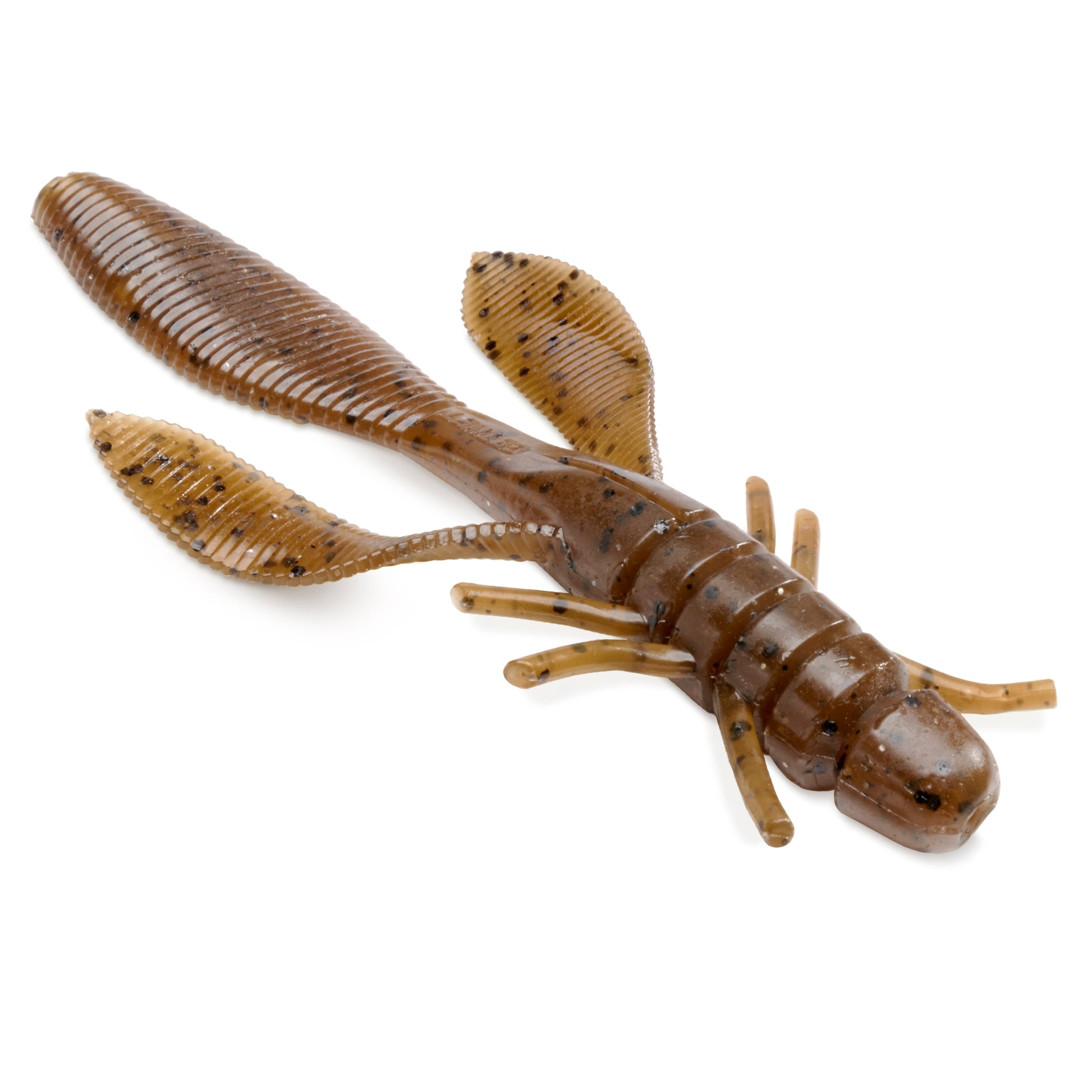 Brown and beige crawfish-shaped fishing lure on a white background