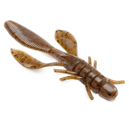 Brown and beige crawfish-shaped fishing lure on a white background