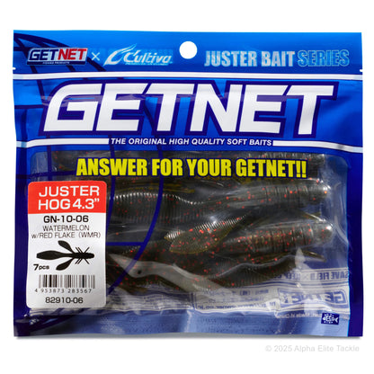 Close Up of the soft plastic Getnet Cultiva Juster Hog creature bait in package on a white background.