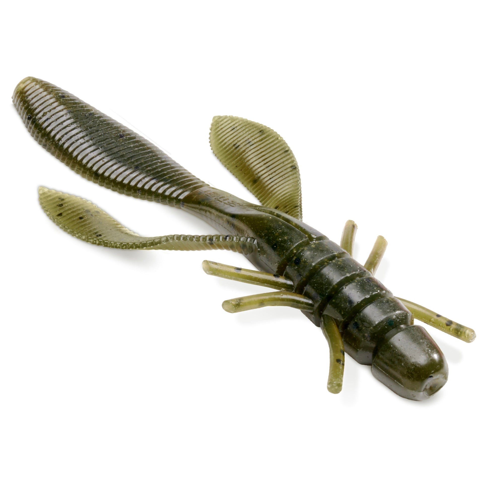 Close Up of the soft plastic Getnet Cultiva Juster Hog creature bait in the color Watermelon Seed on a white background.