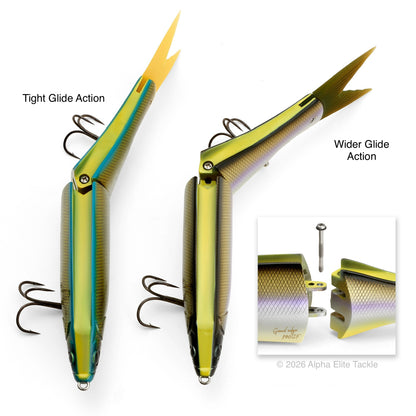 Two Glide Baits shown side by side on a white background, labeled 'Tight Mode' and 'Flexible Mode,' with a small inset showing the internal screw mechanism. The lures have a metallic yellow-green body with blue and purple iridescent accents and dark treble hooks.