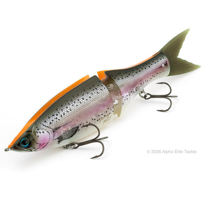 A split-tail Glide Bait in the 'California Rainbow' colorway, featuring a realistic silver and pink striped body with black speckles, an orange top stripe, and two treble hooks, shown on a white background.