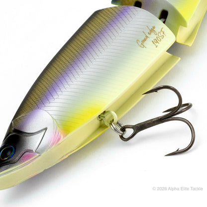 Close-up of a the Grass Roots Grand Edge 190 SF Glide Bait with a yellow body, silver and purple gradient top