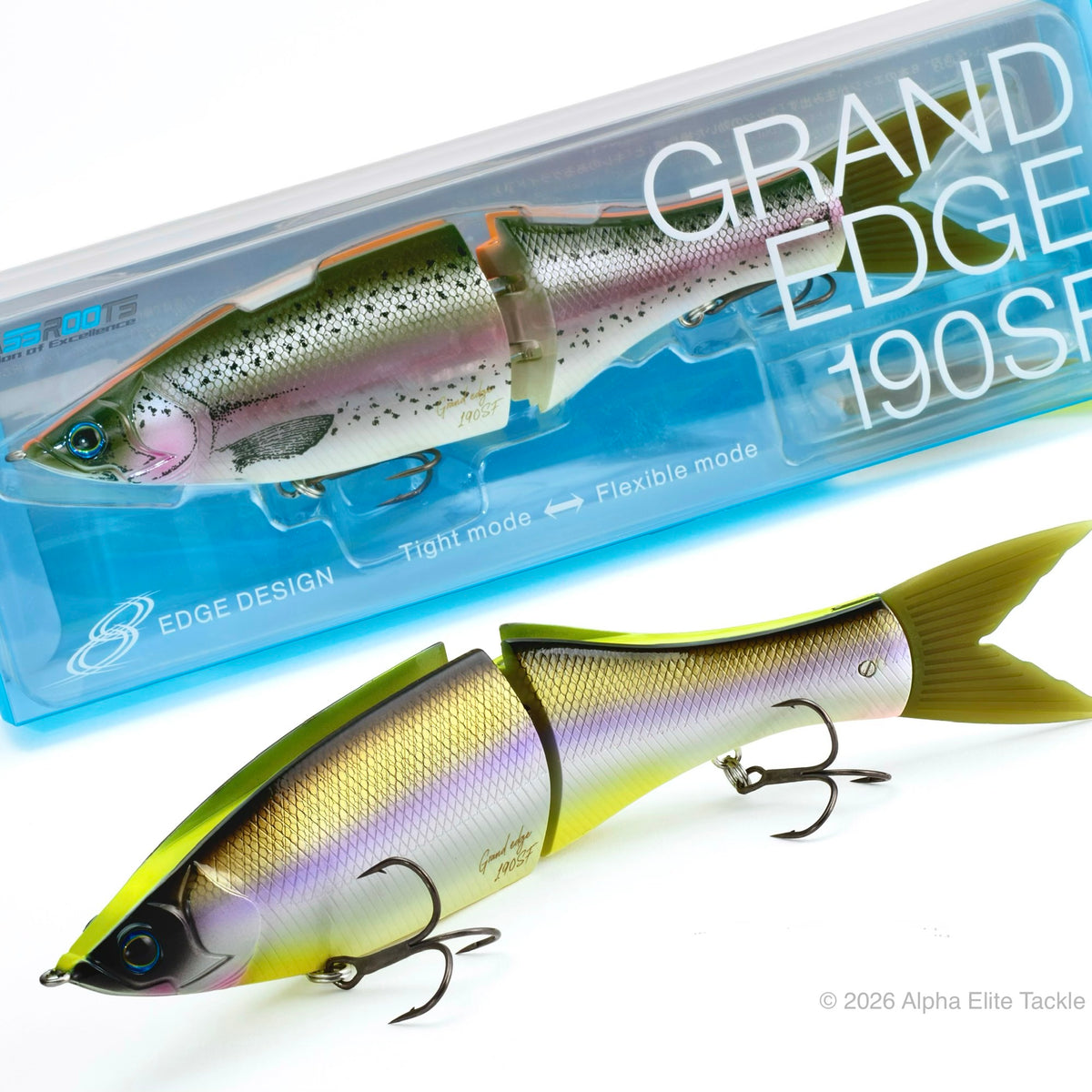 A segmented glide bait designed to look like a rainbow trout, shown both inside its translucent blue packaging box and unpackaged on a white background. The lure features a realistic scale pattern with yellow, silver, and purple iridescence, along with a dark head and treble hooks.