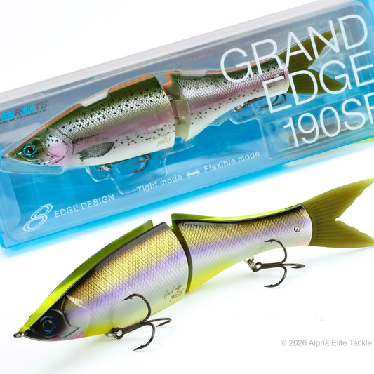 A segmented glide bait designed to look like a rainbow trout, shown both inside its translucent blue packaging box and unpackaged on a white background. The lure features a realistic scale pattern with yellow, silver, and purple iridescence, along with a dark head and treble hooks.