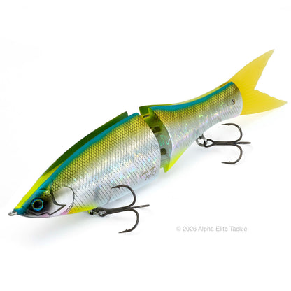 A two-piece glide bait designed to look like a herring, with a bright yellow tail, iridescent silver body, and teal and yellow side stripes. The lure has two treble hooks attached and is labeled 'Yummy Herring' on a clean white background.