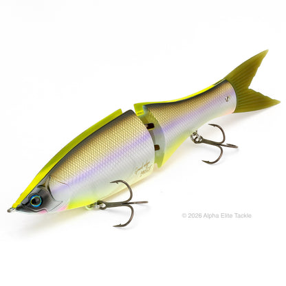 A split-tail Glide Bait in the 'Hybrid Shad' colorway, featuring a realistic white, yellow, and purple stripe body with black and two treble hooks, shown on a white background.