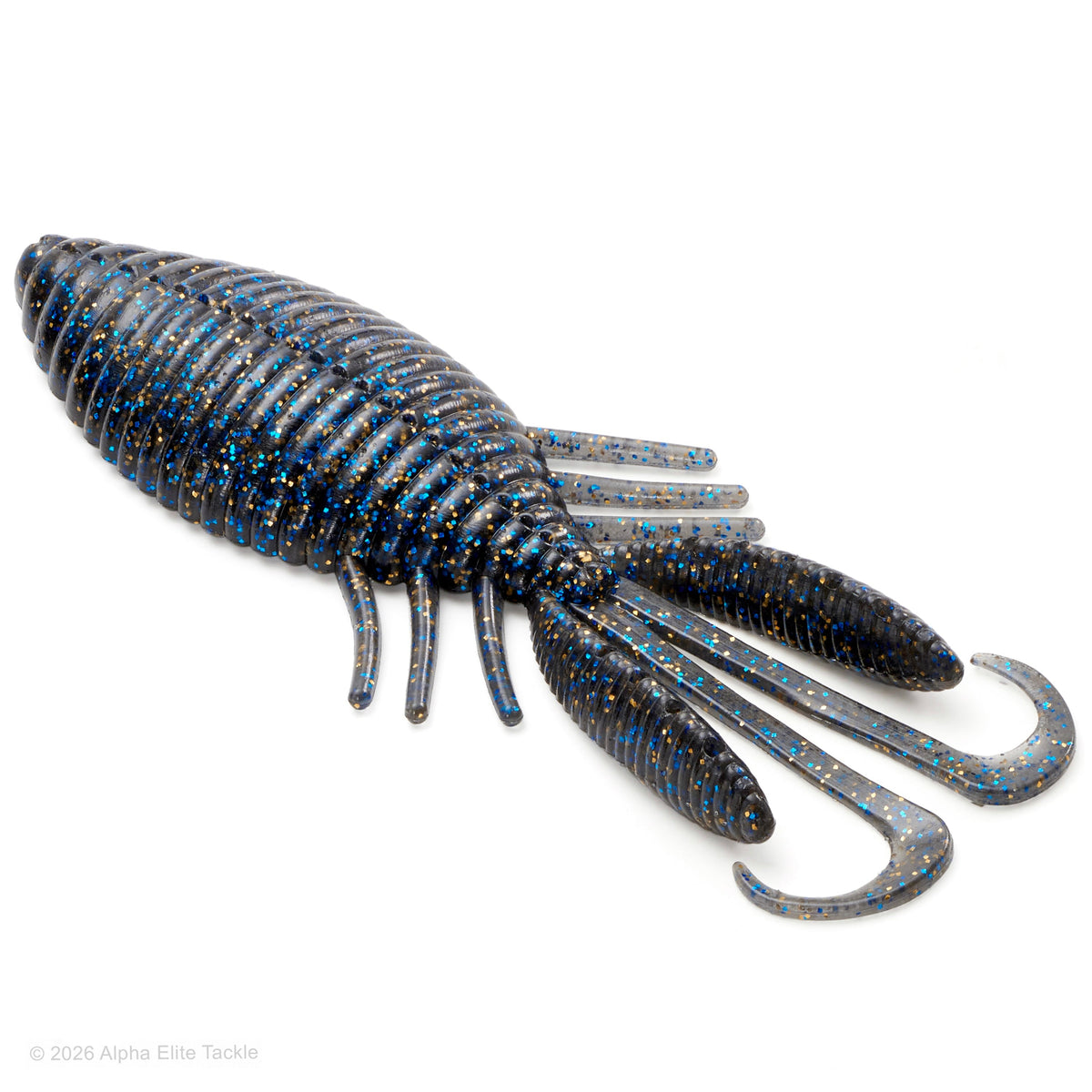 A soft plastic crawfish fishing lure with a glittery blue, black, and orange pattern, shown on a clean white background.