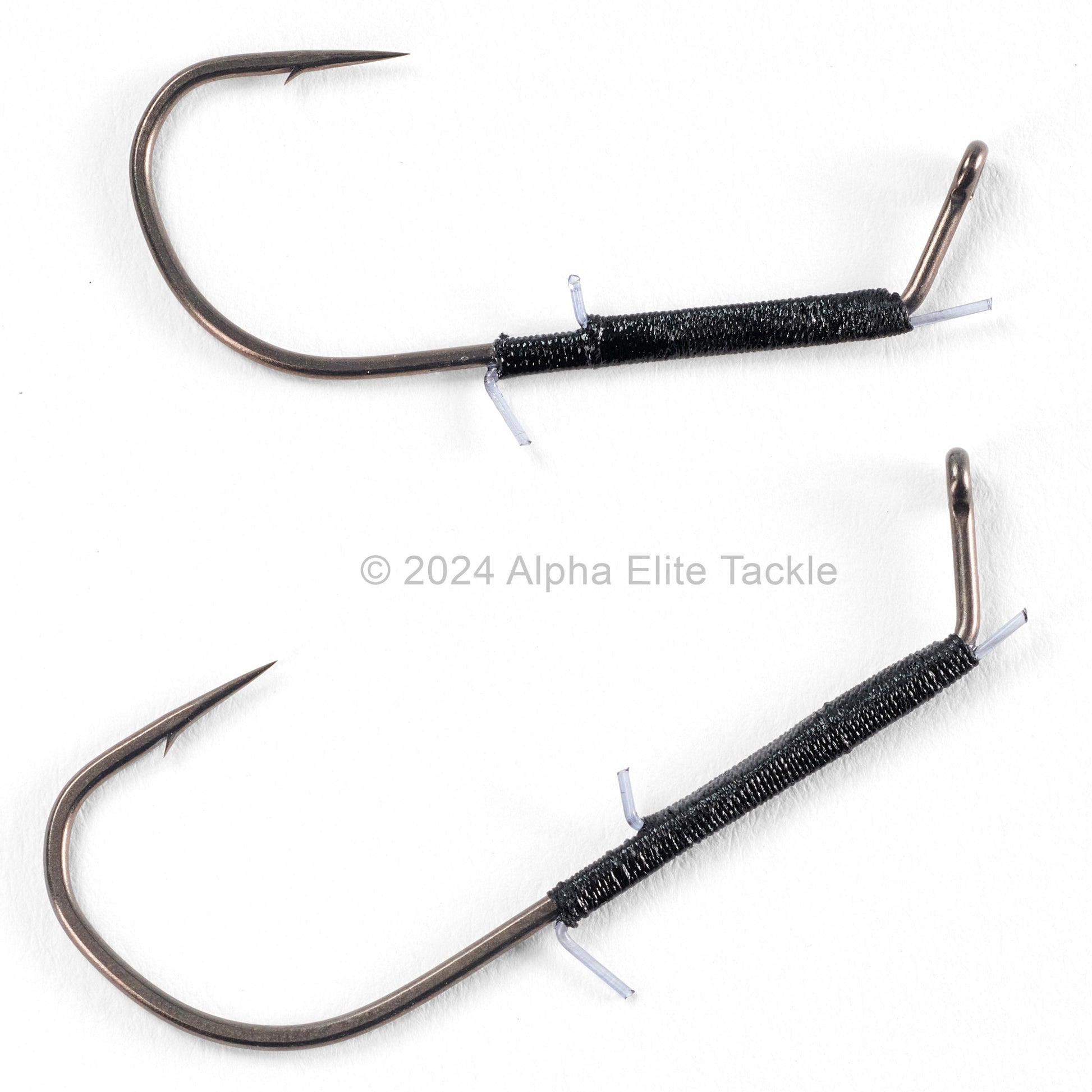 Close up of two Hayabusa D-Striker Type Hover strolling hooks on a white background