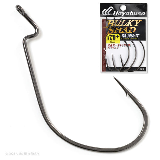 A single black nickel wide gap hook displayed on a white background, with a Hayabusa 'Bulky Head DX-Hunt' package shown in the upper right corner.