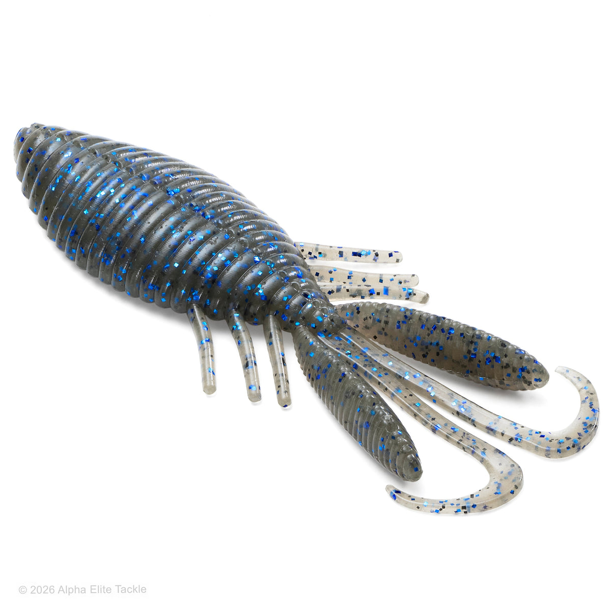 A soft plastic fishing lure shaped like a segmented baitfish with a ribbed body, blue glitter, and four translucent legs and tail, photographed on a clean white background.