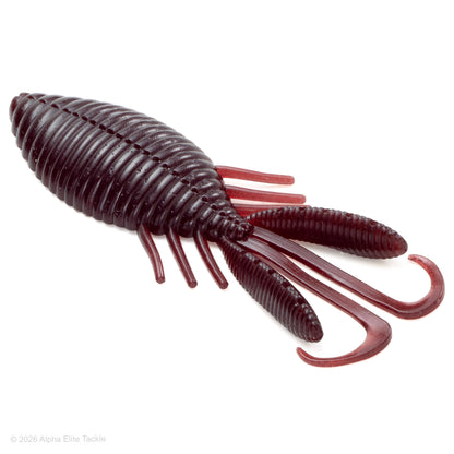 A dark reddish-brown soft plastic crawfish lure with a ribbed body and curved legs, shown on a plain white background.
