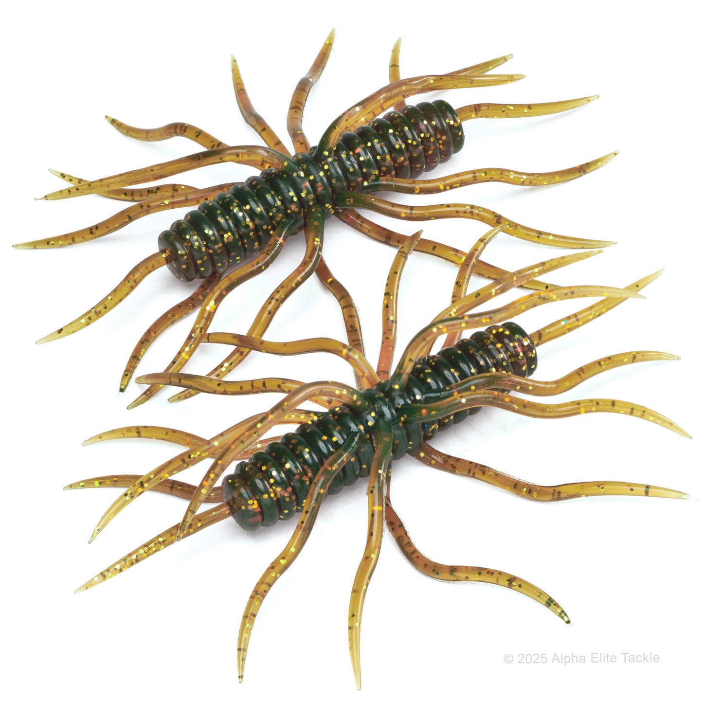 Close up of two HideUp coike thunder creature baits in the color motor oil on a white background