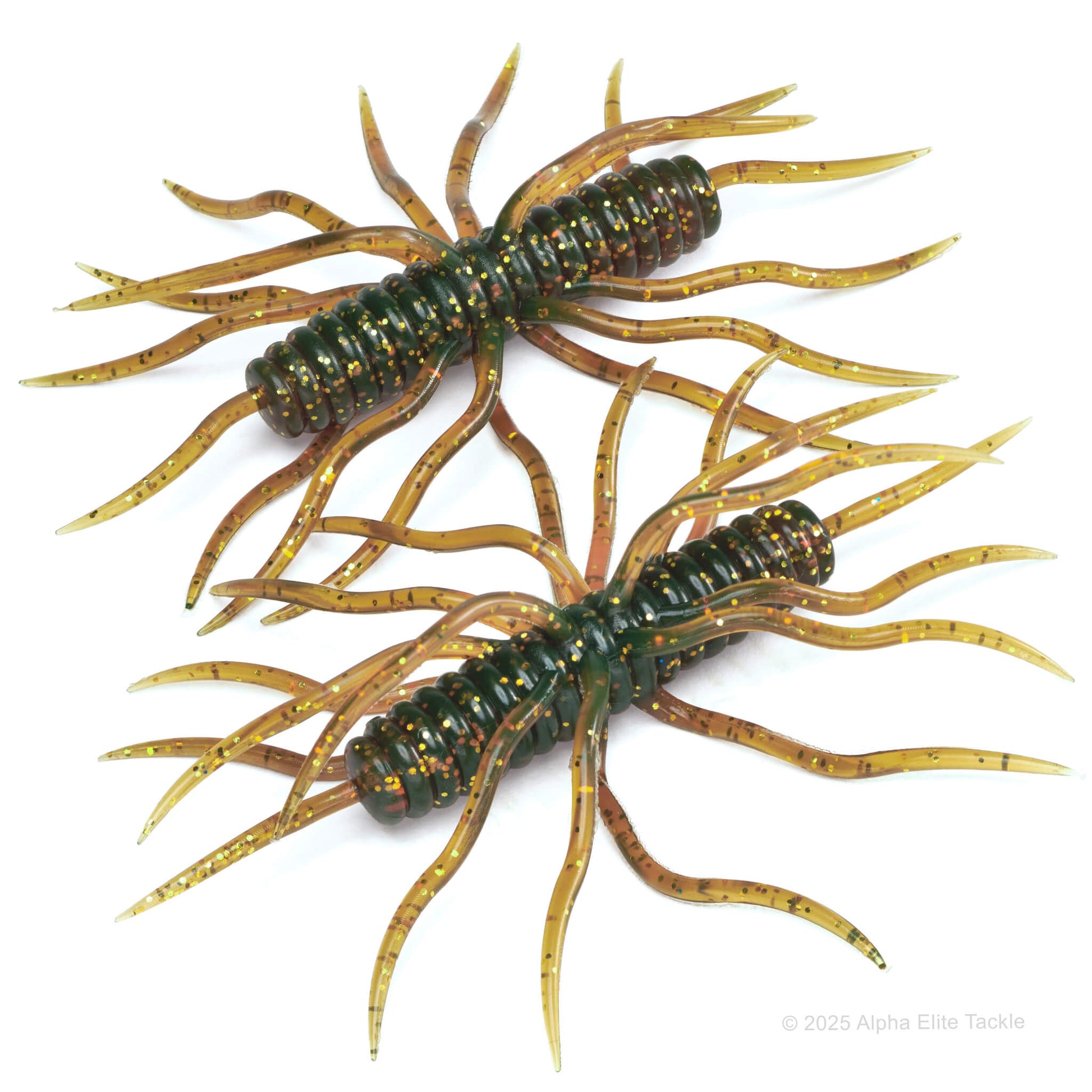 Close up of two HideUp coike thunder creature baits in the color motor oil on a white background