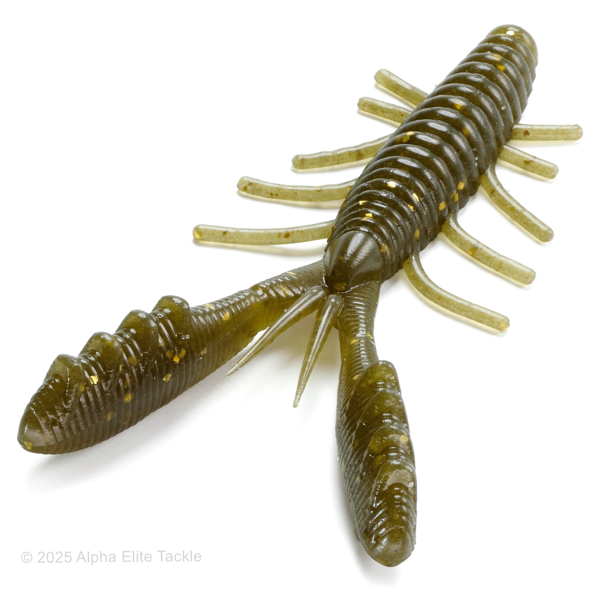 Close up of the HideUp Stagger Craw in the color green pumpkin gold flake on a white background