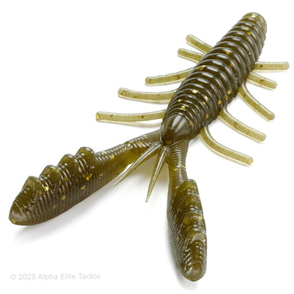 Close up of the HideUp Stagger Craw in the color green pumpkin gold flake on a white background