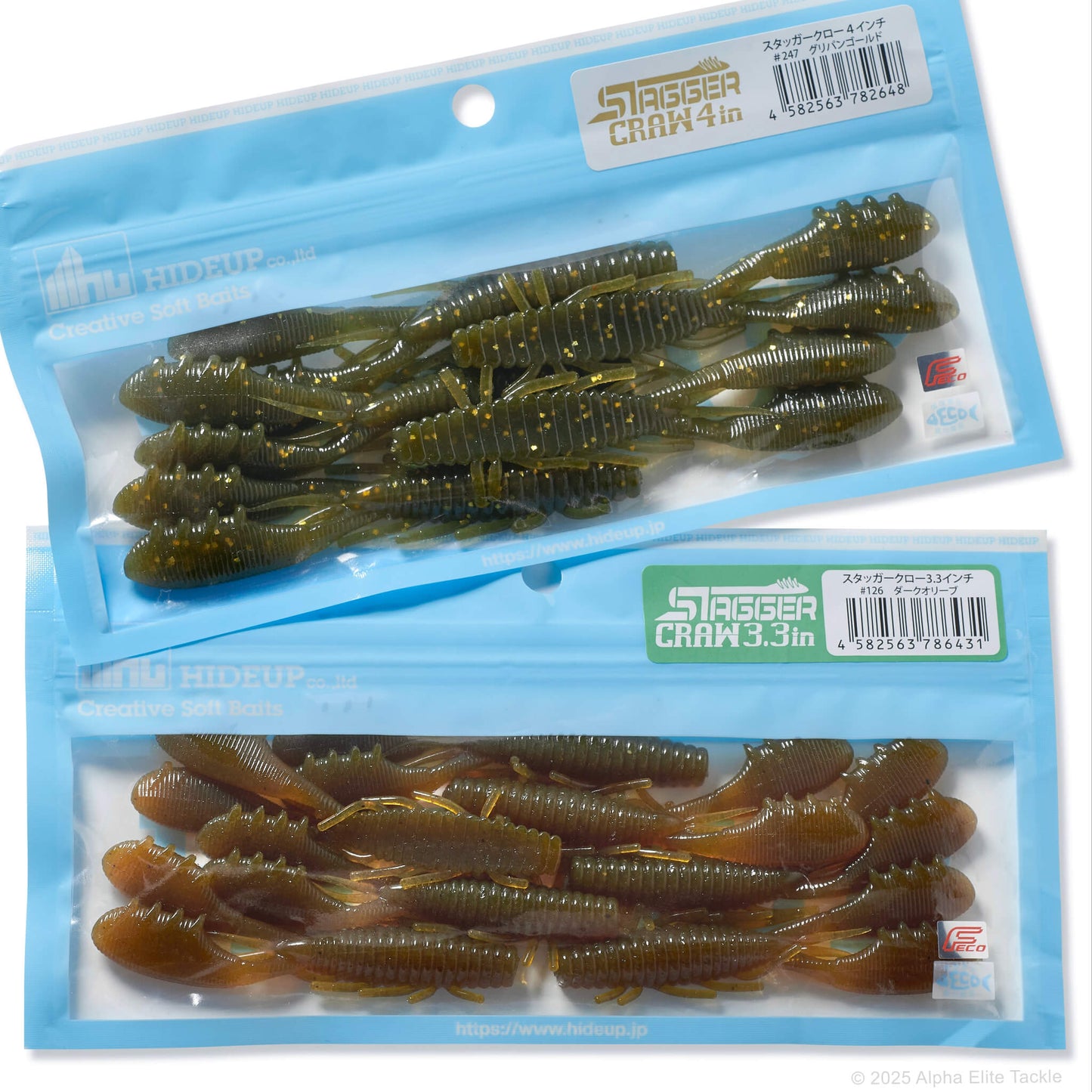 Close up of two packages of HideUp Stagger Craw on a white background