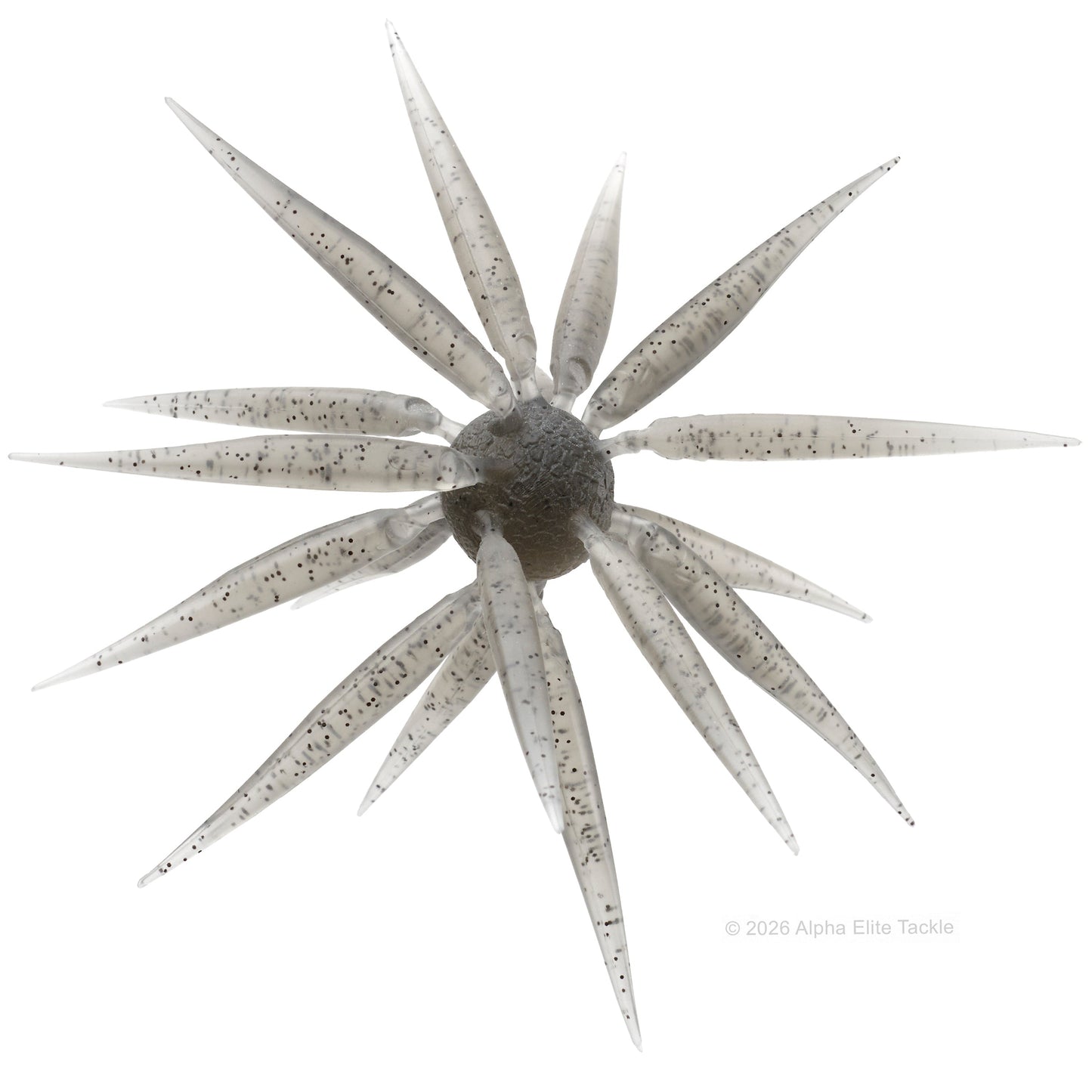 A translucent soft plastic bait with a dark gray center and multiple long, narrow, speckled gray arms, shown on a plain white background.