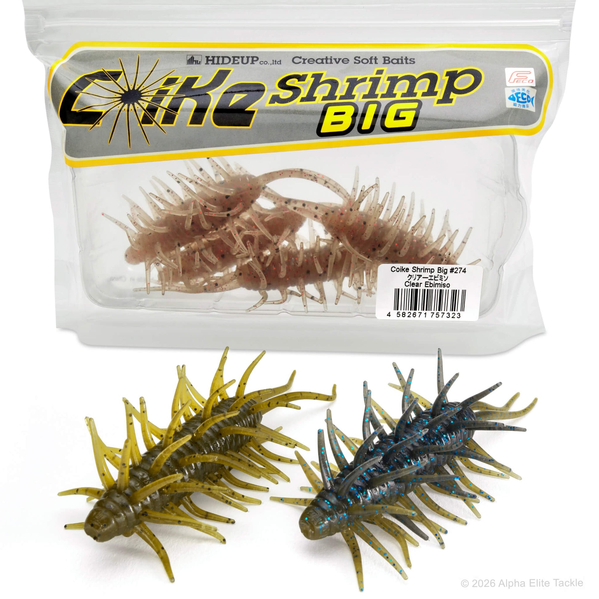 A package of Hideup Cike Shrimp Big soft bait fishing lures shown with two individual lures in front on a white background. The package is clear plastic with a gray and yellow label, and the lures inside and outside are translucent with spiky legs.