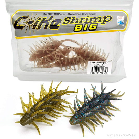 A package of Hideup Cike Shrimp Big soft bait fishing lures shown with two individual lures in front on a white background. The package is clear plastic with a gray and yellow label, and the lures inside and outside are translucent with spiky legs.