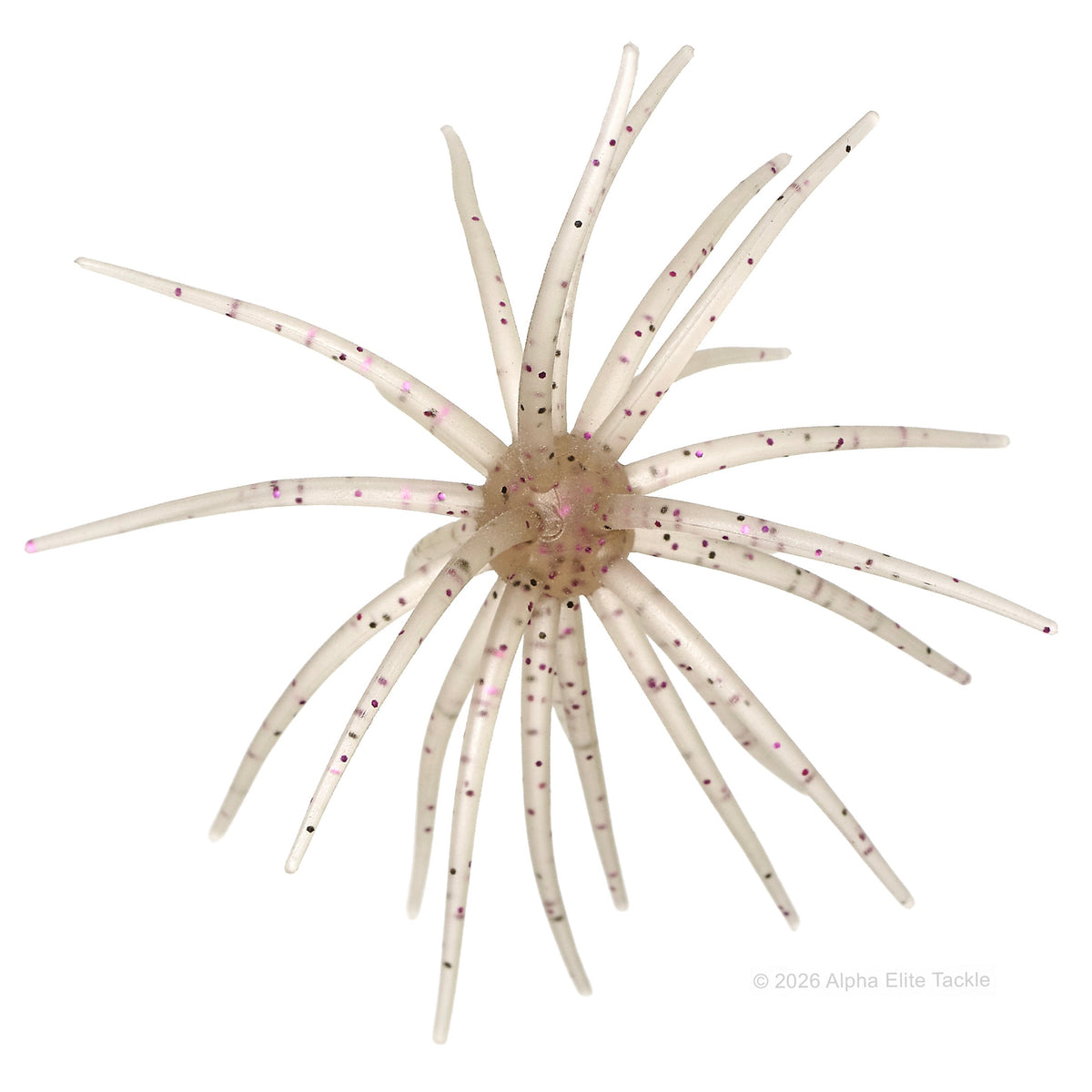 A translucent white fishing lure with multiple long, thin rays and a pale pink center, shown on a plain white background. A small copyright watermark for Alpha Elite Tackle is visible in the bottom right corner.