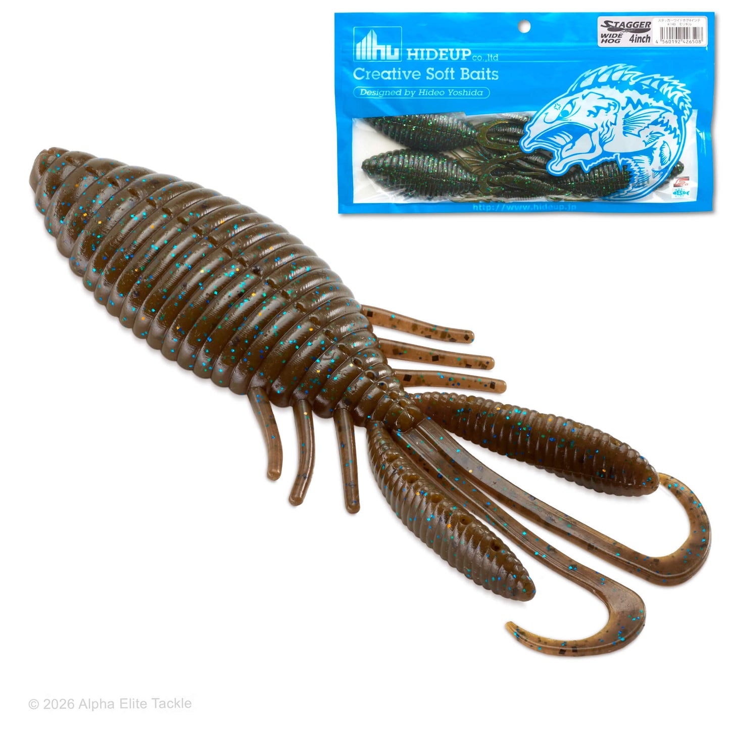 A large brown soft plastic crawfish lure with blue glitter is displayed on a white background next to its blue and white Hideup brand retail packaging.