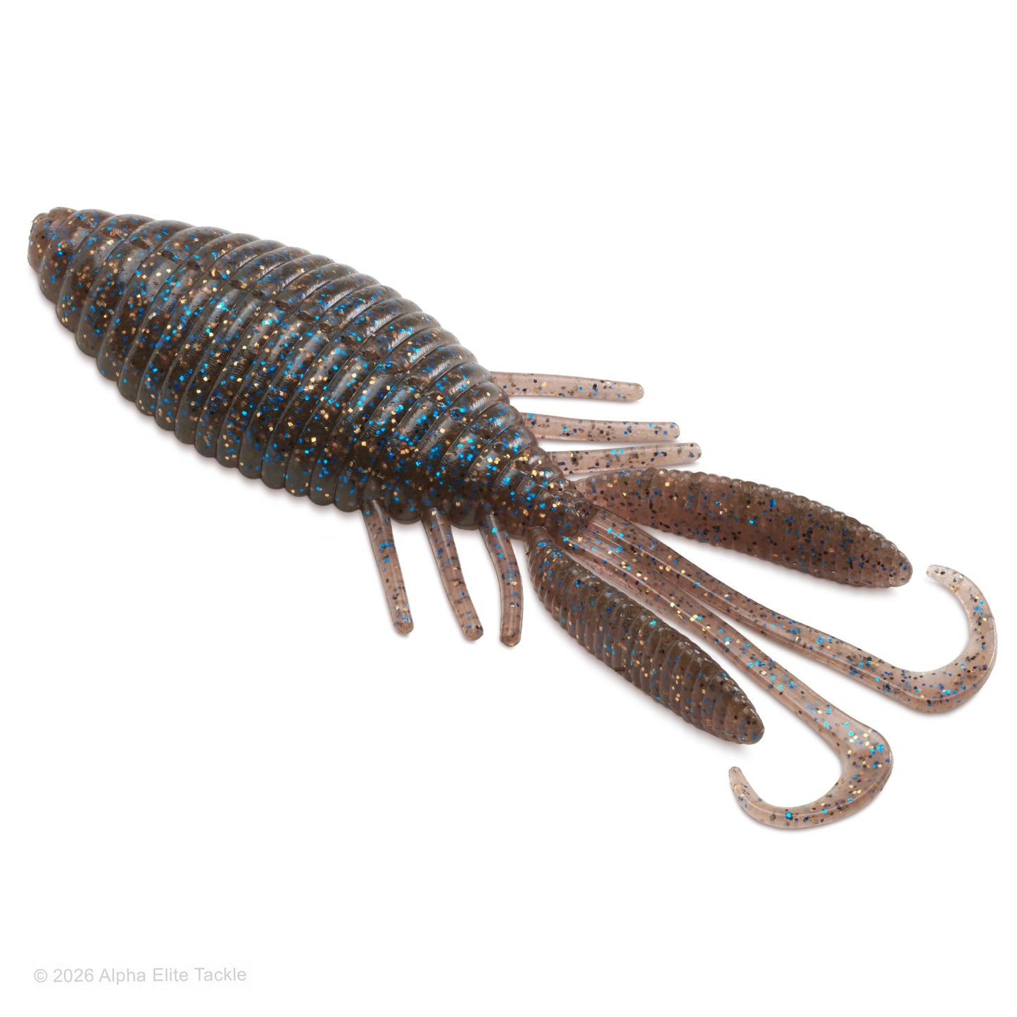A soft plastic crawfish fishing lure with a glittery brown body, blue and gold sparkles, and translucent legs and tail, shown on a plain white background.