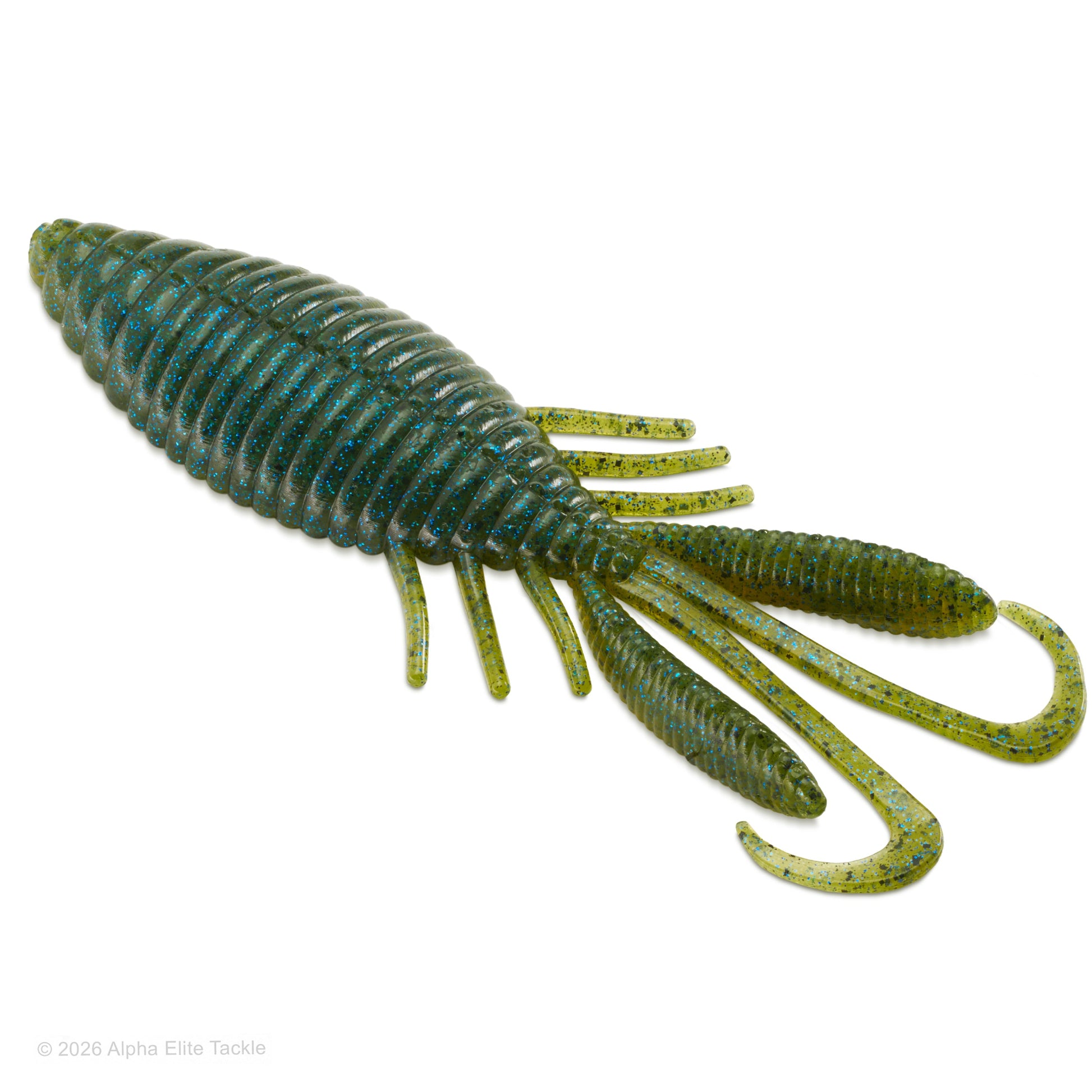 A soft plastic crawfish fishing lure in olive green and teal with glitter, featuring a segmented body, legs, and two curved hooks on its tail, shown on a white background.