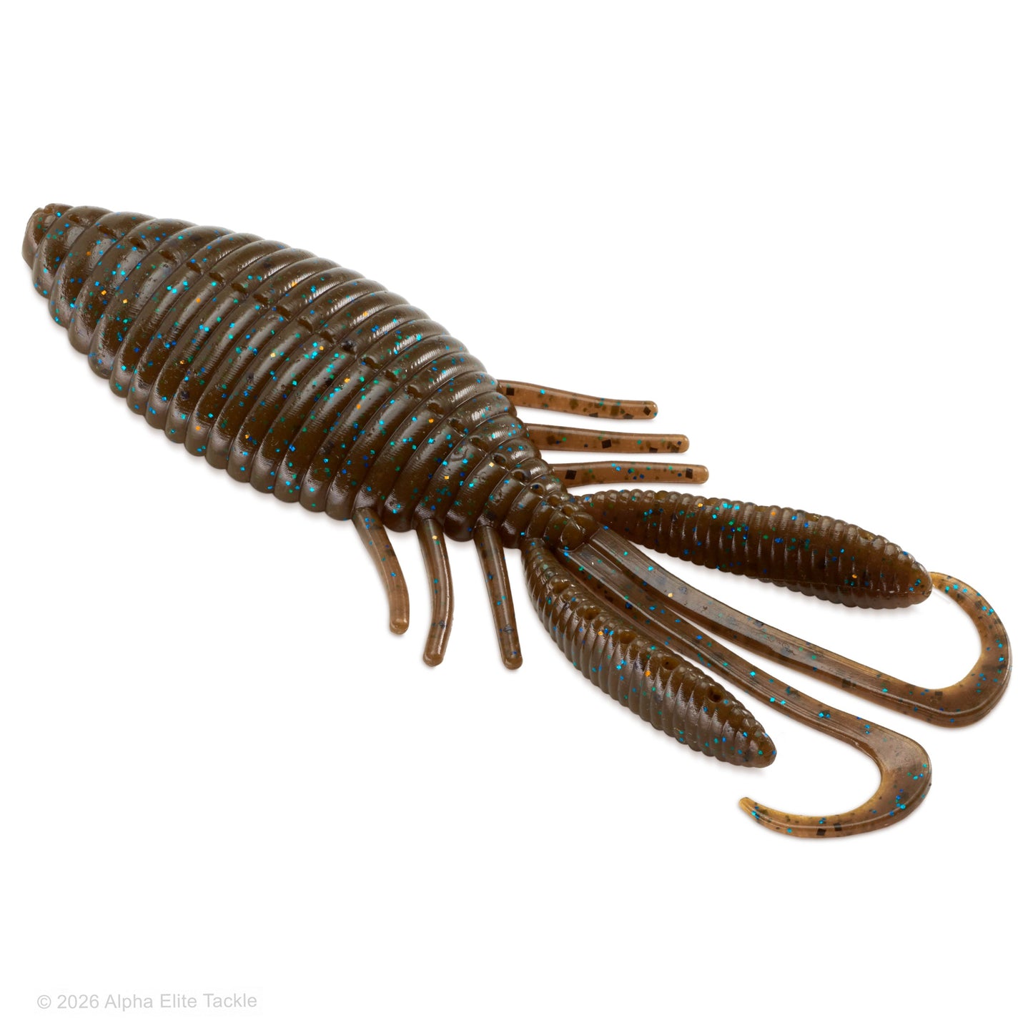 Brown ribbed creature bait in the shape of a crawdad 