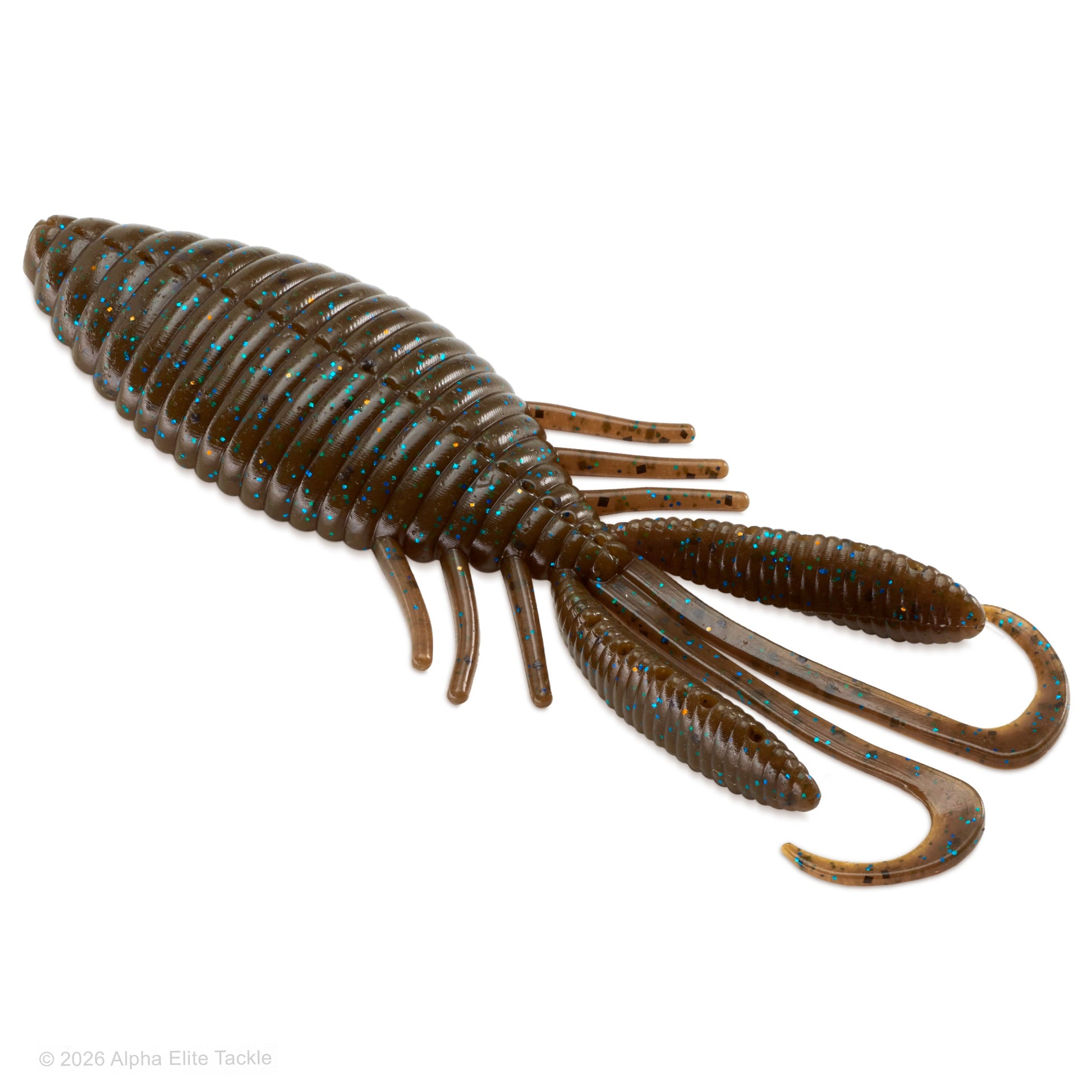 Brown ribbed creature bait in the shape of a crawdad 