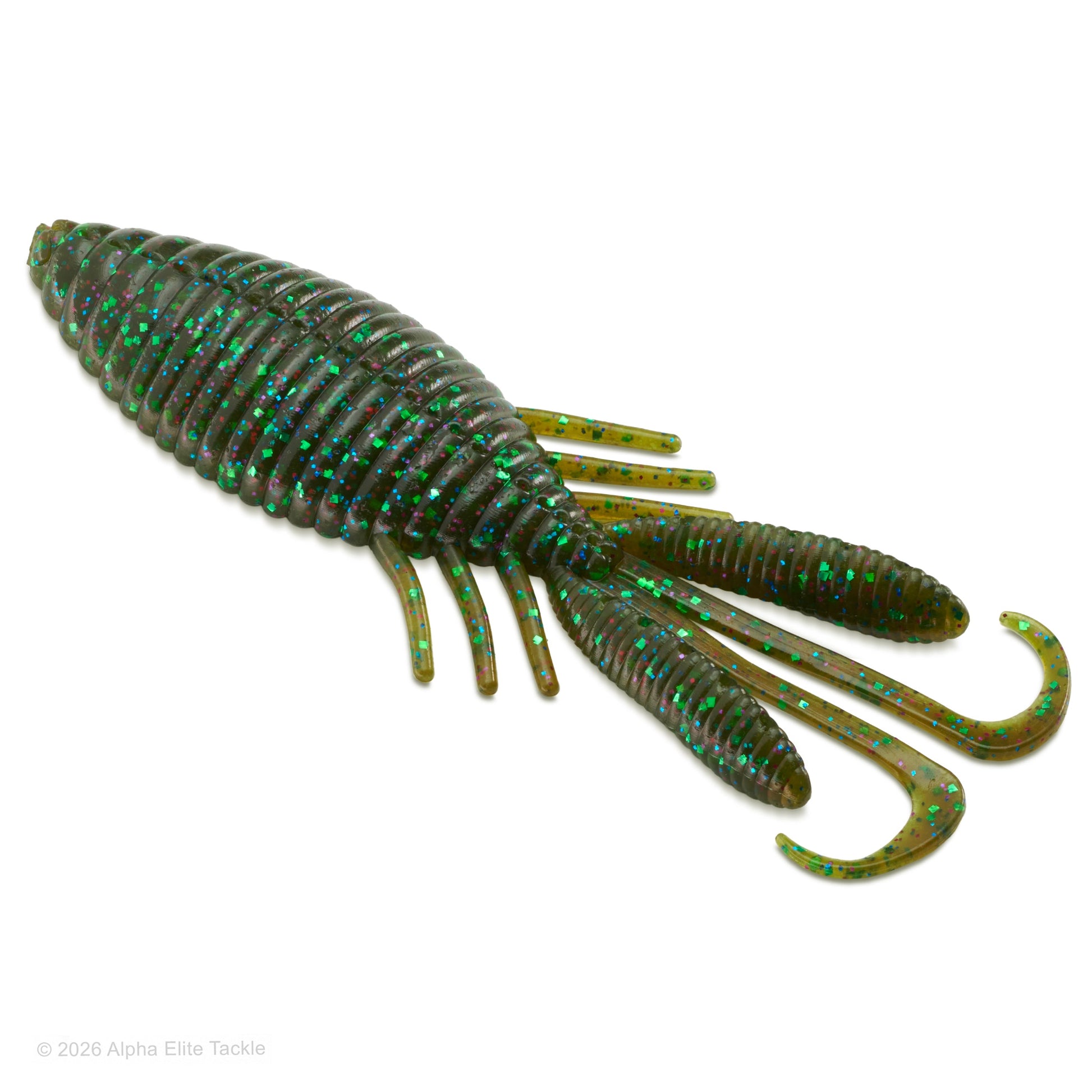 A soft plastic fishing lure shaped like a crawdad, featuring a glittery green and dark olive-brown body with translucent legs and curved hooks, shown on a white background.