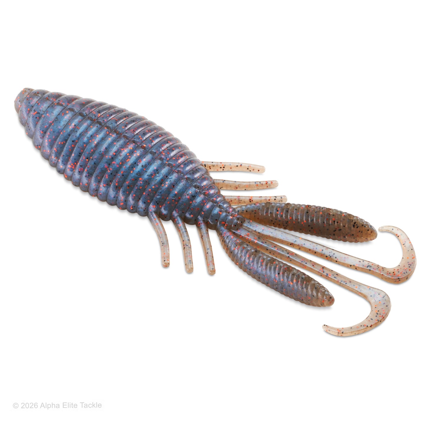 A soft plastic fishing lure shaped like a crawdad, shown on a plain white background. The lure has a ribbed body in blue, purple, and red tones, with translucent legs and tail appendages.