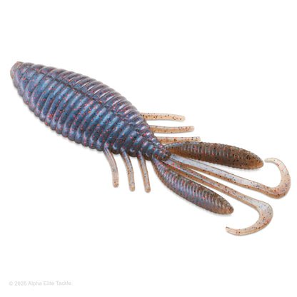 A soft plastic fishing lure shaped like a crawdad, shown on a plain white background. The lure has a ribbed body in blue, purple, and red tones, with translucent legs and tail appendages.
