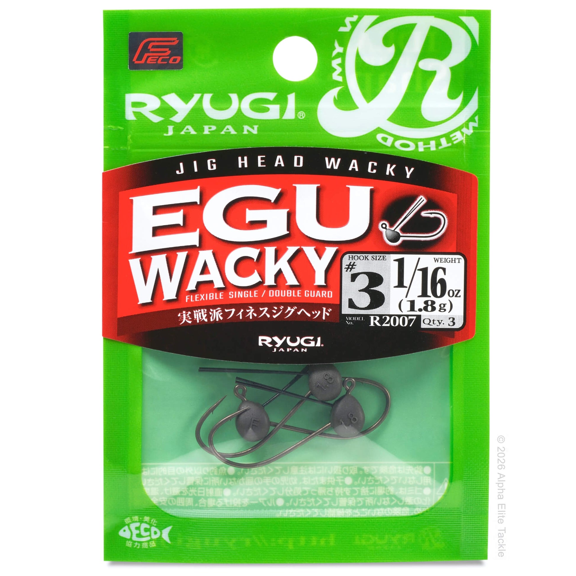 Ryuki Japan Egu Wacky Hook Wacky fishing line packaging in green, red, and black, showing the hook and line through a clear window.