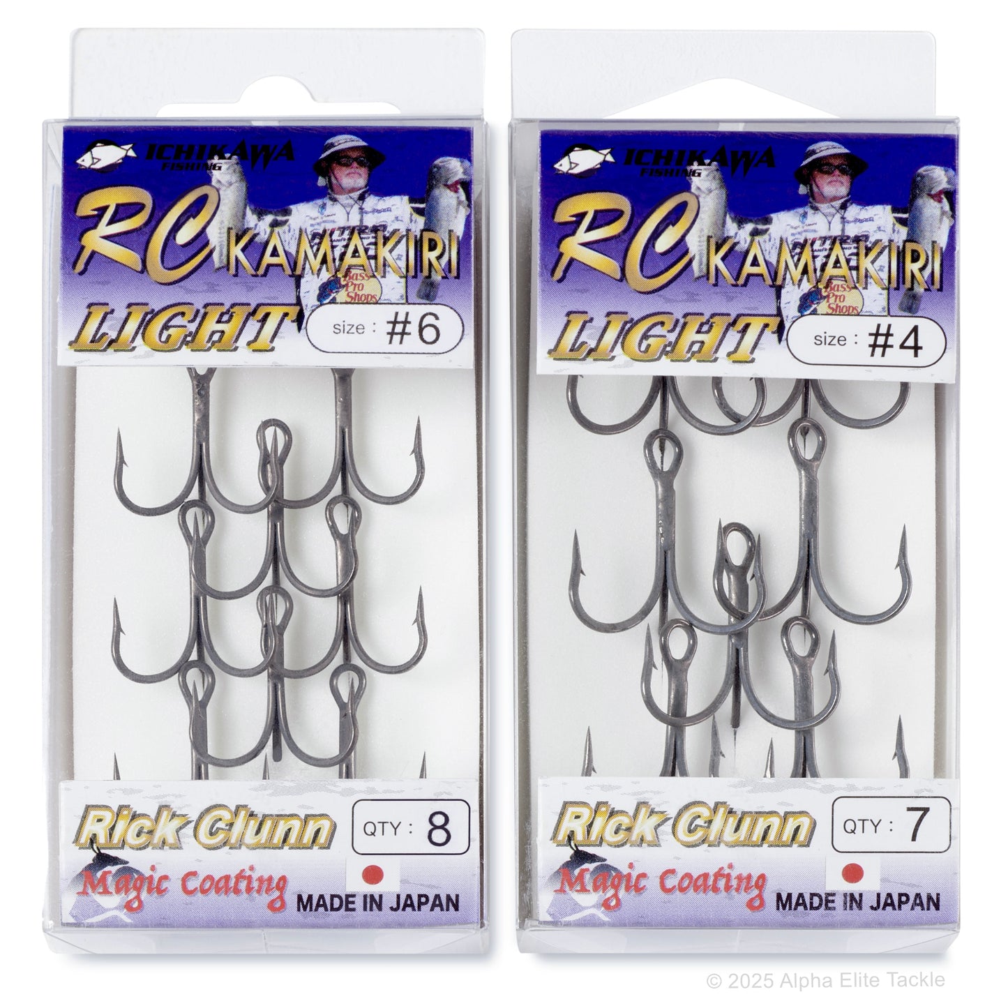 Two packages of RC Kamakiri Light treble fishing hooks with branding and product details.