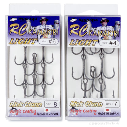Two packages of RC Kamakiri Light treble fishing hooks with branding and product details.