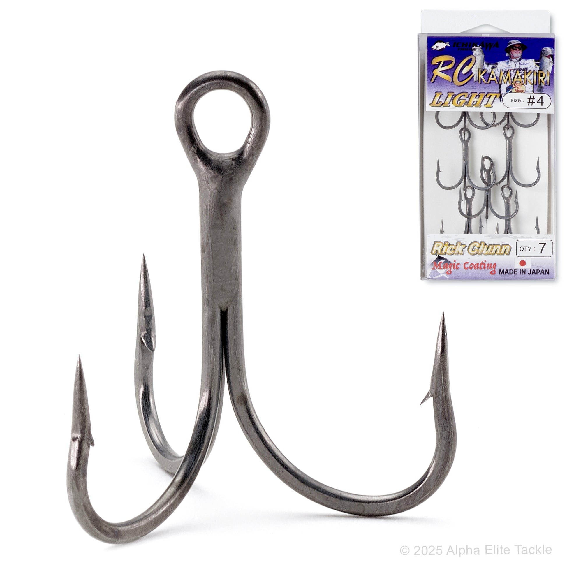 Close up of a single Ichikawa Light Treble Hook and it's packaging. 