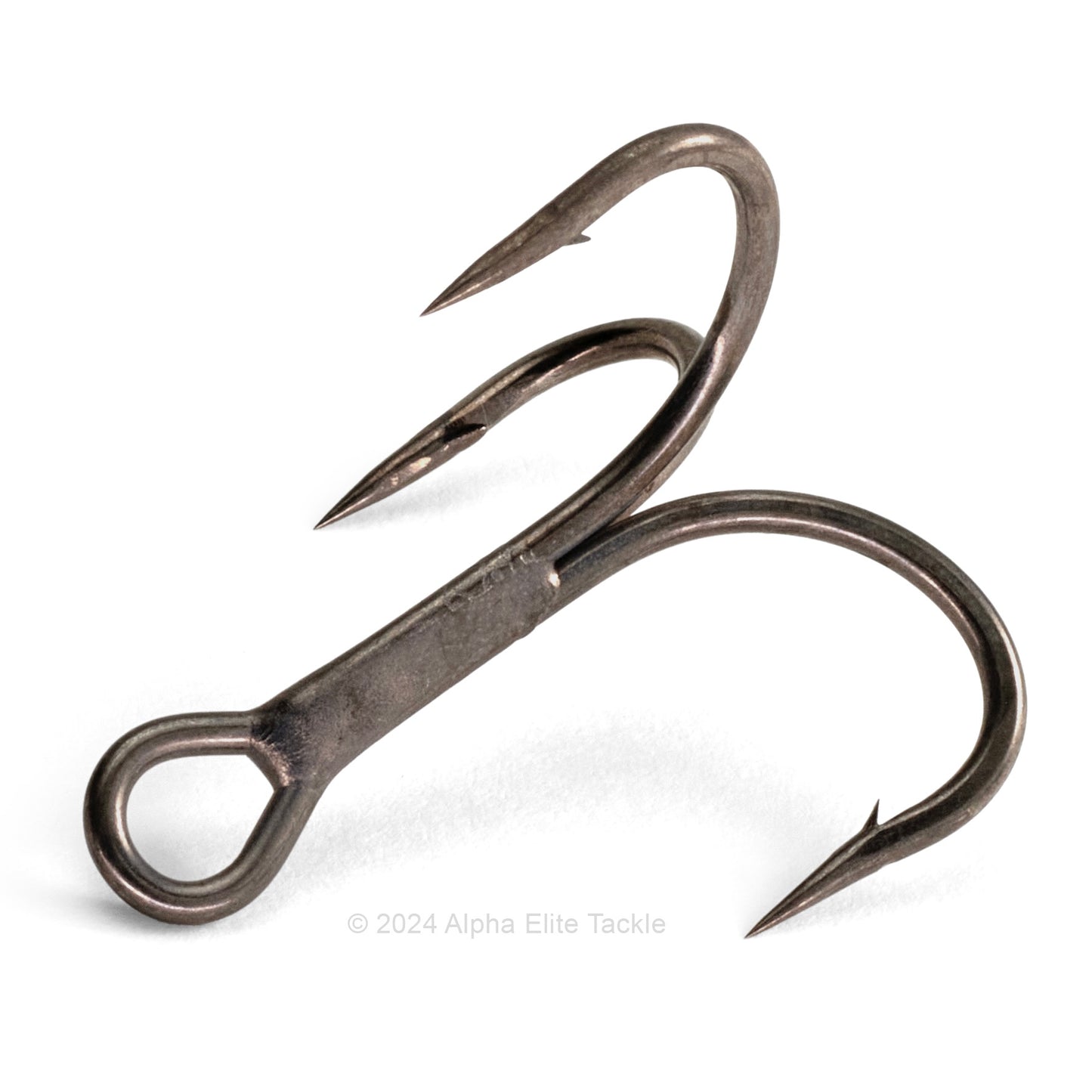 Close up of Ichikawa Fishing RC Kamakiri treble hook on white background.