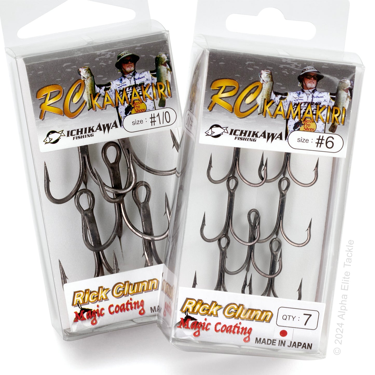 Two packages of Ichikawa Fishing RC Kamakiri treble hooks with visible branding and product details.