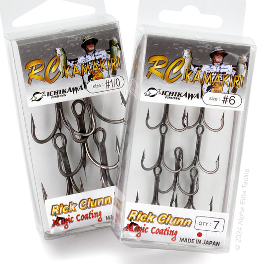 Two packages of Ichikawa Fishing RC Kamakiri treble hooks with visible branding and product details.