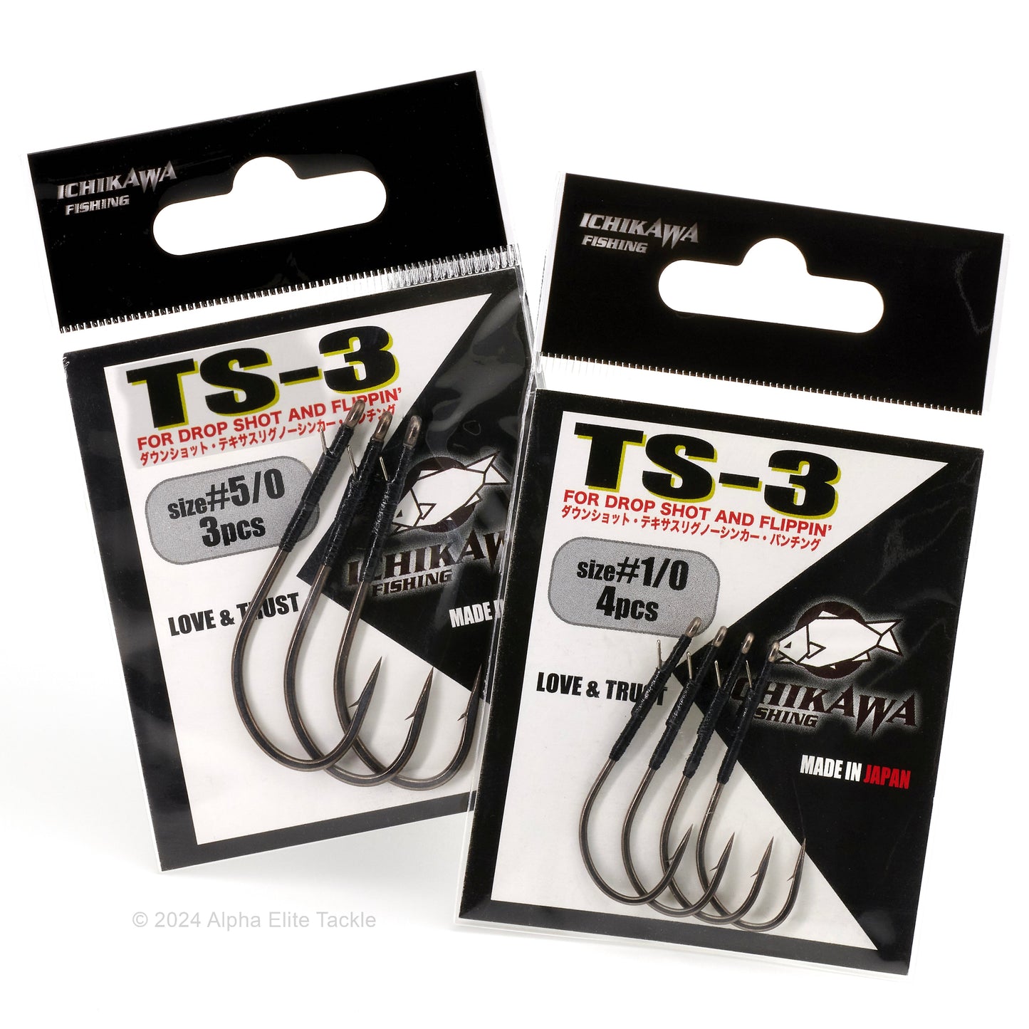 Two packages of ICHIKAWA Fishing TS-3 Power Shot, Flipping hook on a white background