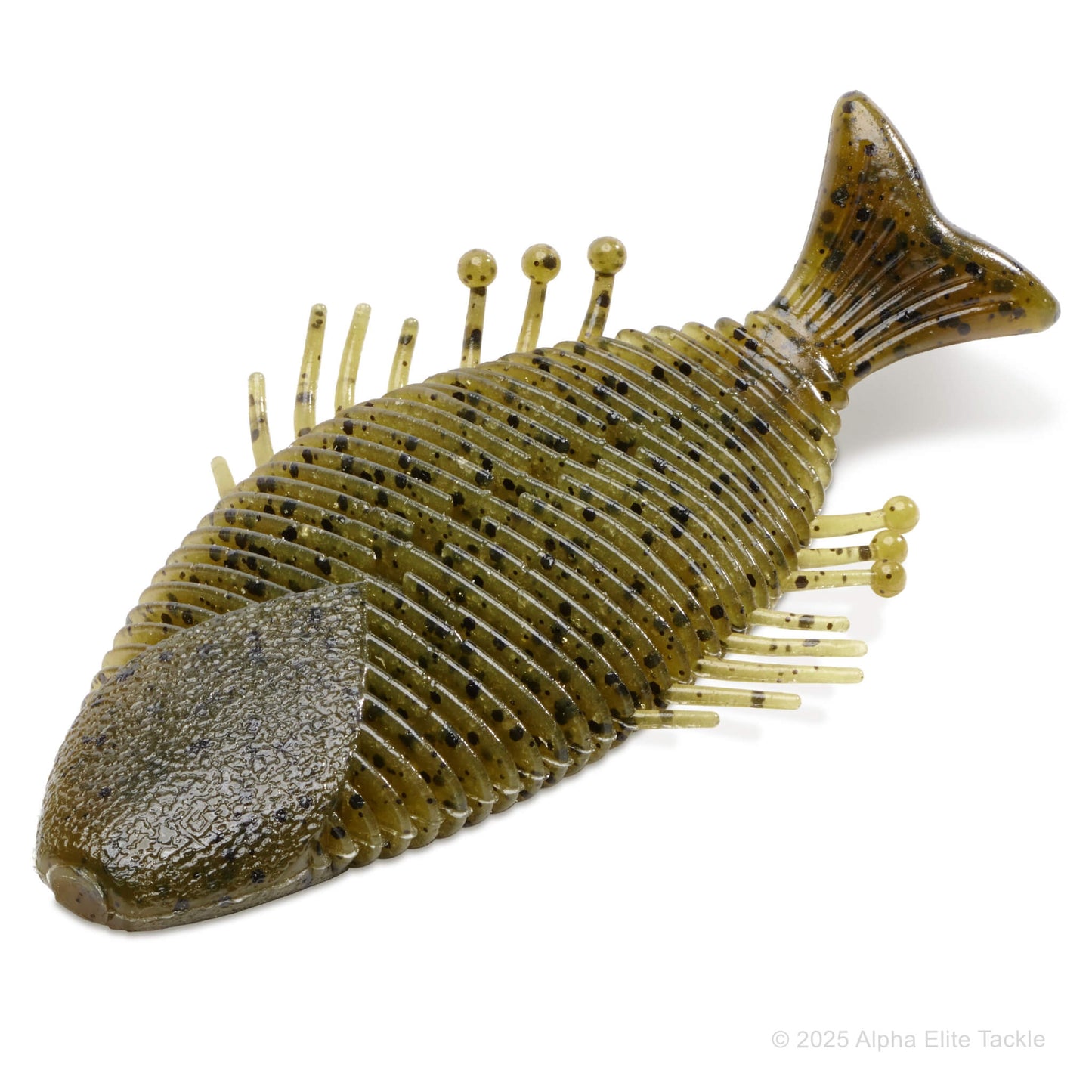 Fishing lure shaped like a fish with a comb-like texture on a white background