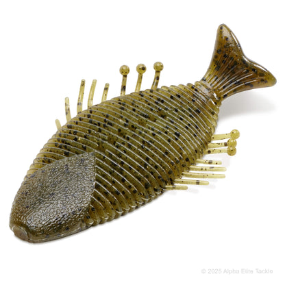 Fishing lure shaped like a fish with a comb-like texture on a white background