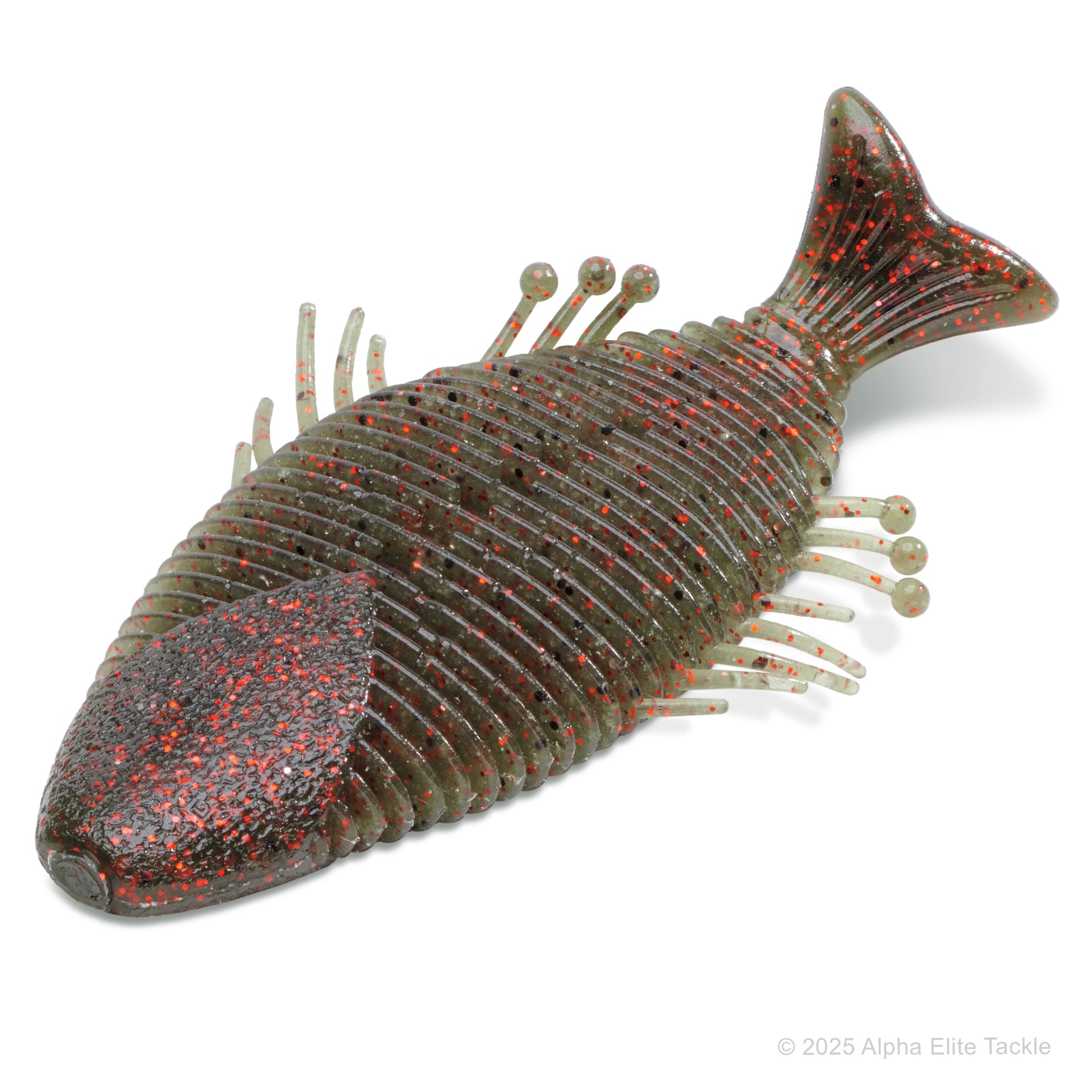 Fishing lure shaped like a fish with red and black speckled pattern on a white background